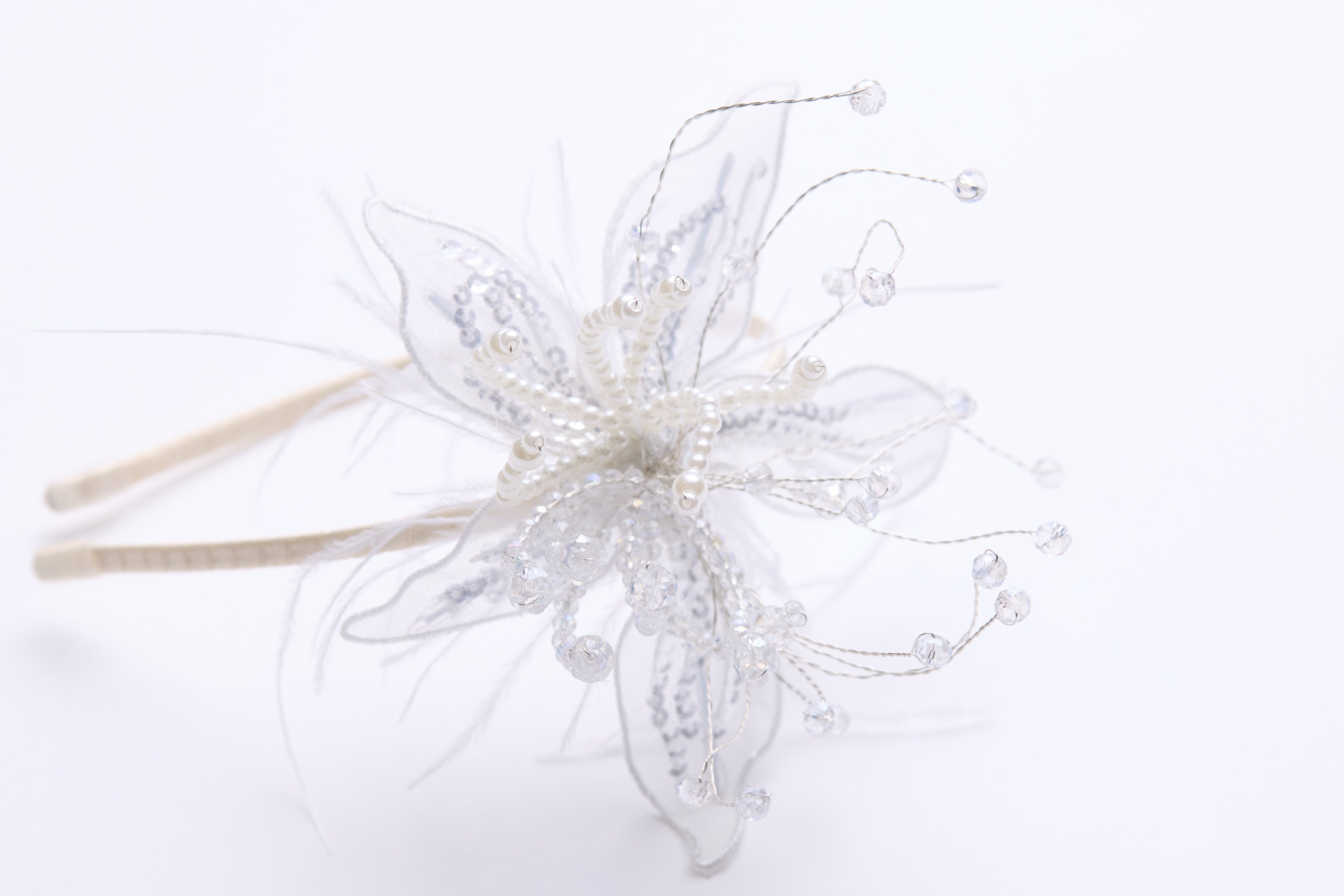 Ivory Hand-Beaded Lily Feather Headband