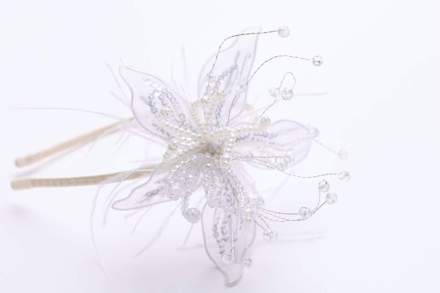 Ivory Hand-Beaded Lily Feather Headband