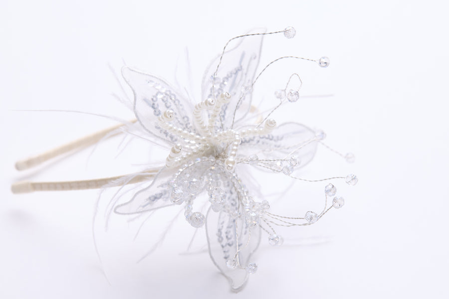 Ivory Hand-Beaded Lily Feather Headband