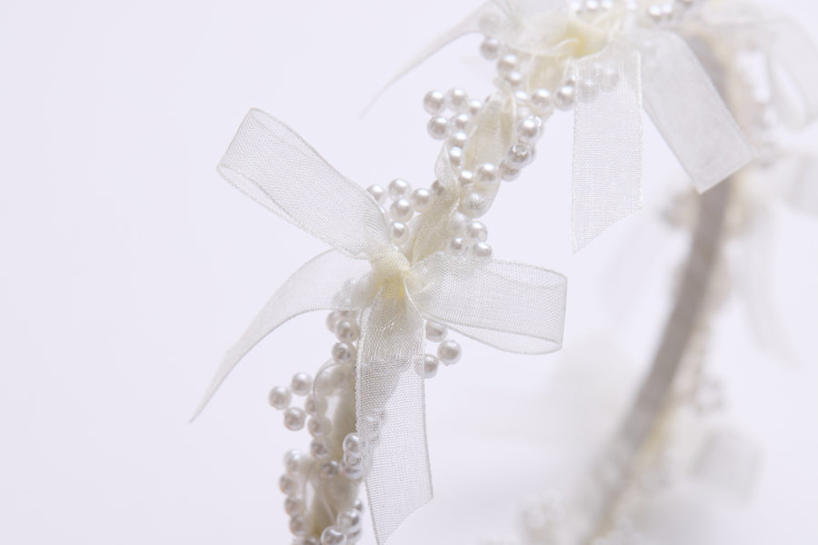 Girls Pearl Champagne Ribbon Headband