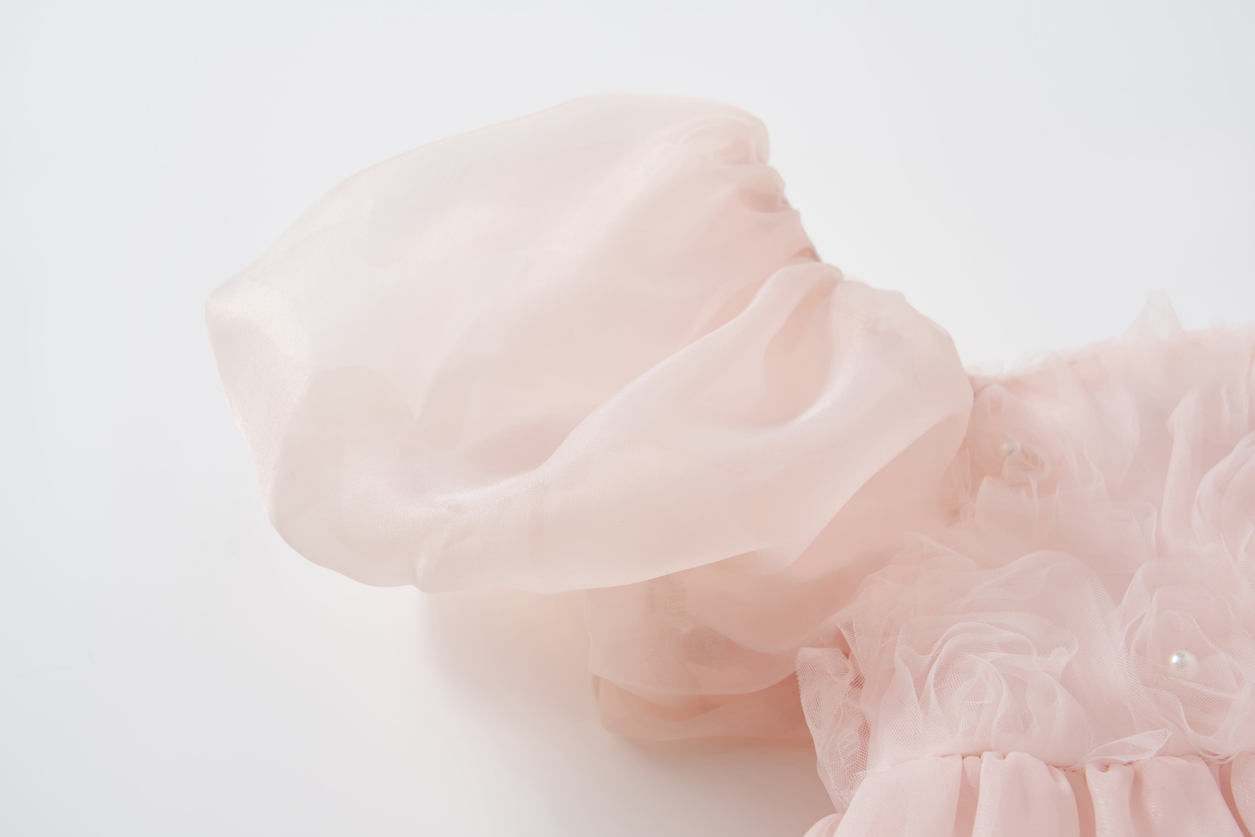 Close-up of a sheer, light pink puff sleeve on the Blush Whisper Dress by KIKI and JOJO, featuring textured 3D floral appliqués on a princess-style blush pink design, set against a plain white background.