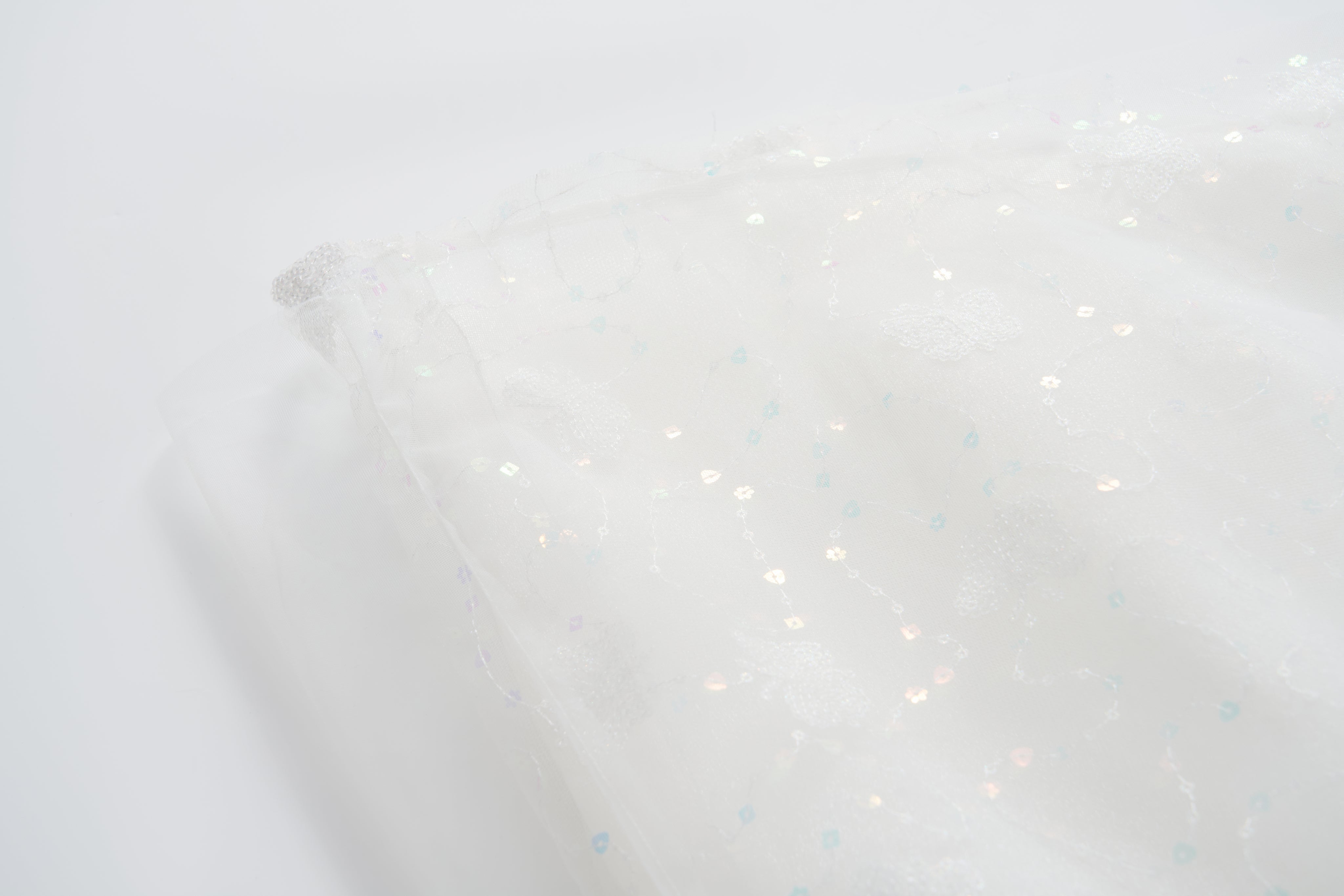 A close-up of the Butterfly Whispers Dress by KIKI and JOJO shows semi-transparent white fabric with a shiny embroidered floral pattern, capturing the delicate elegance of layered tulle, set against a plain white background.