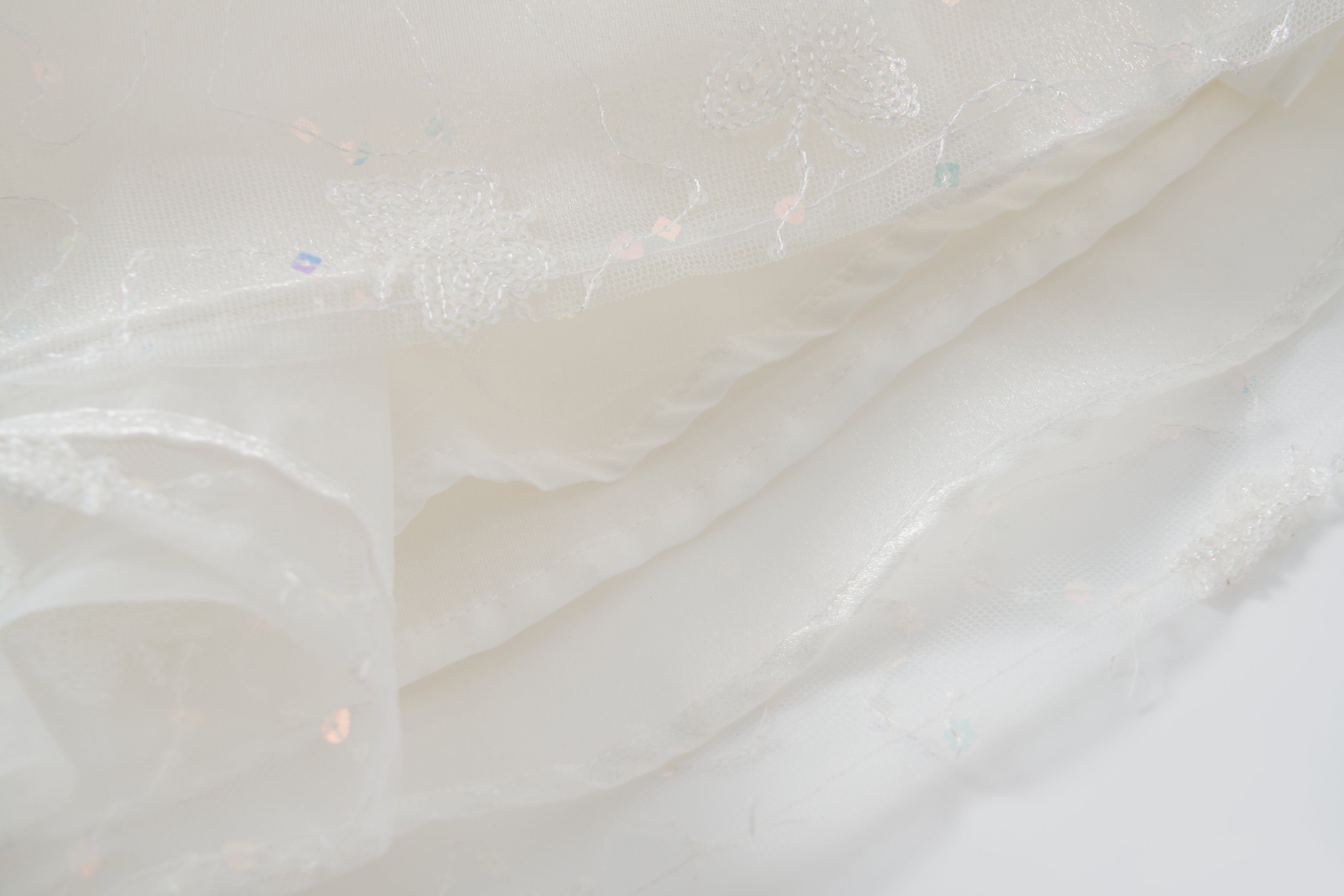 Close-up of layered white sheer fabric with embroidered floral patterns and iridescent sequins from the Butterfly Whispers Dress by KIKI and JOJO.