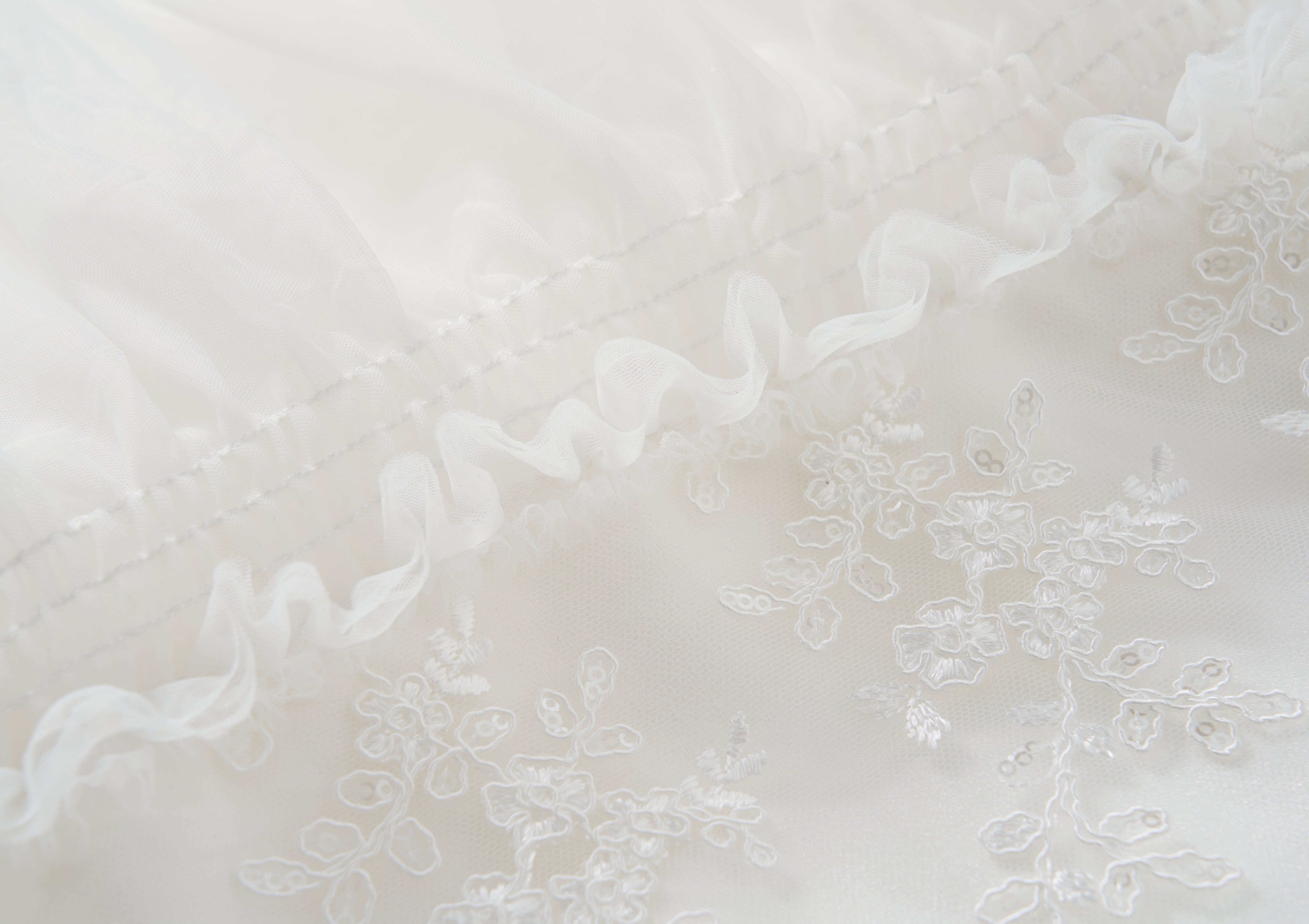 Close-up of the Twinkle Whisper Dress by KIKI and JOJO—an elegant white A-line dress featuring ruffled trim and delicate floral embroidery.