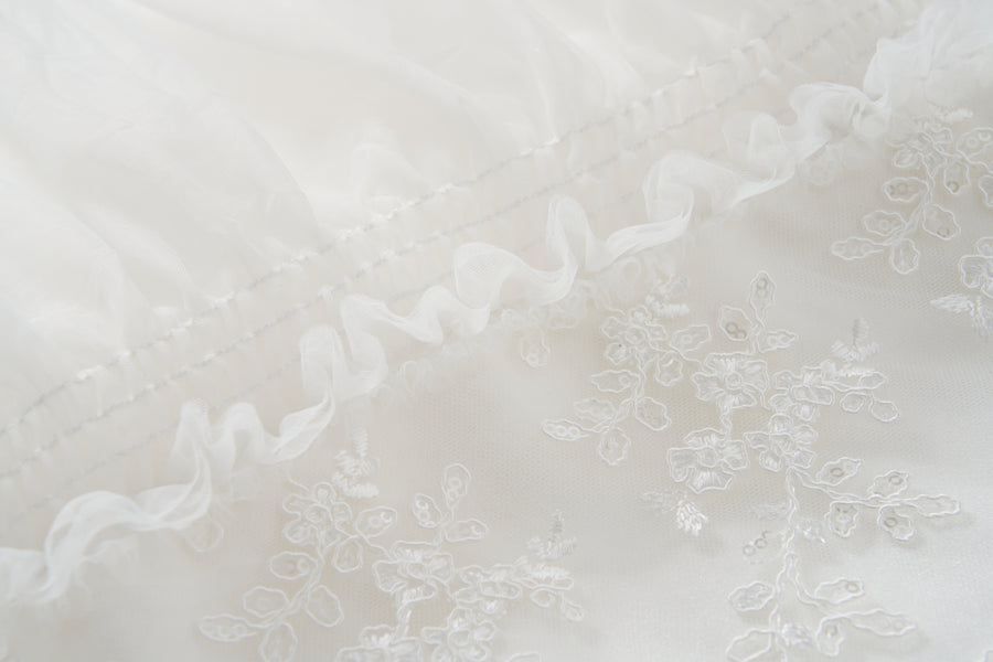 Close-up of the Twinkle Whisper Dress by KIKI and JOJO—an elegant white A-line dress featuring ruffled trim and delicate floral embroidery.