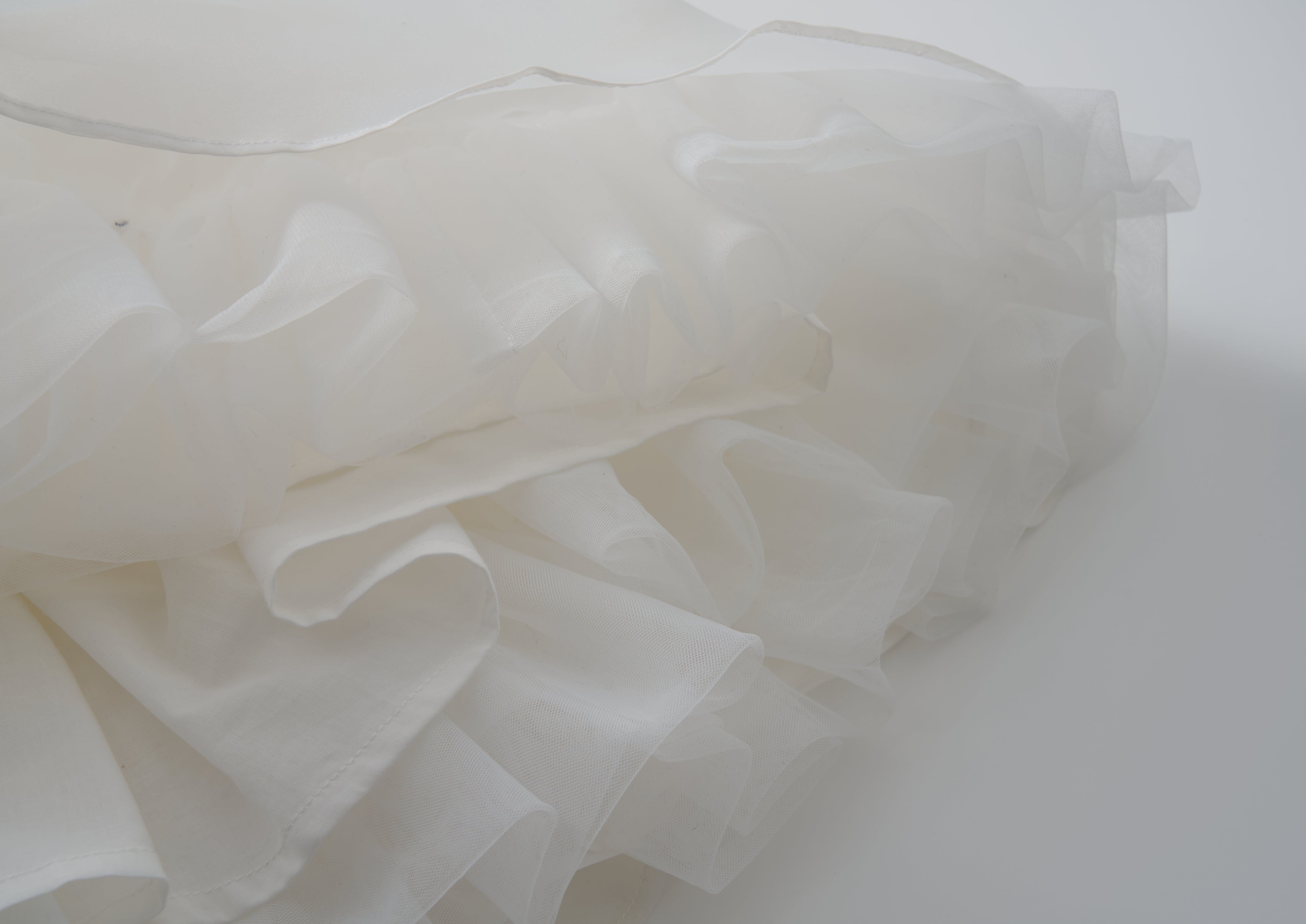 Close-up of the Ballerina Whisper Dress by KIKI and JOJO, showcasing layered white sheer fabric with ruffled edges, evoking a ballet-inspired, soft and airy texture against a plain background.