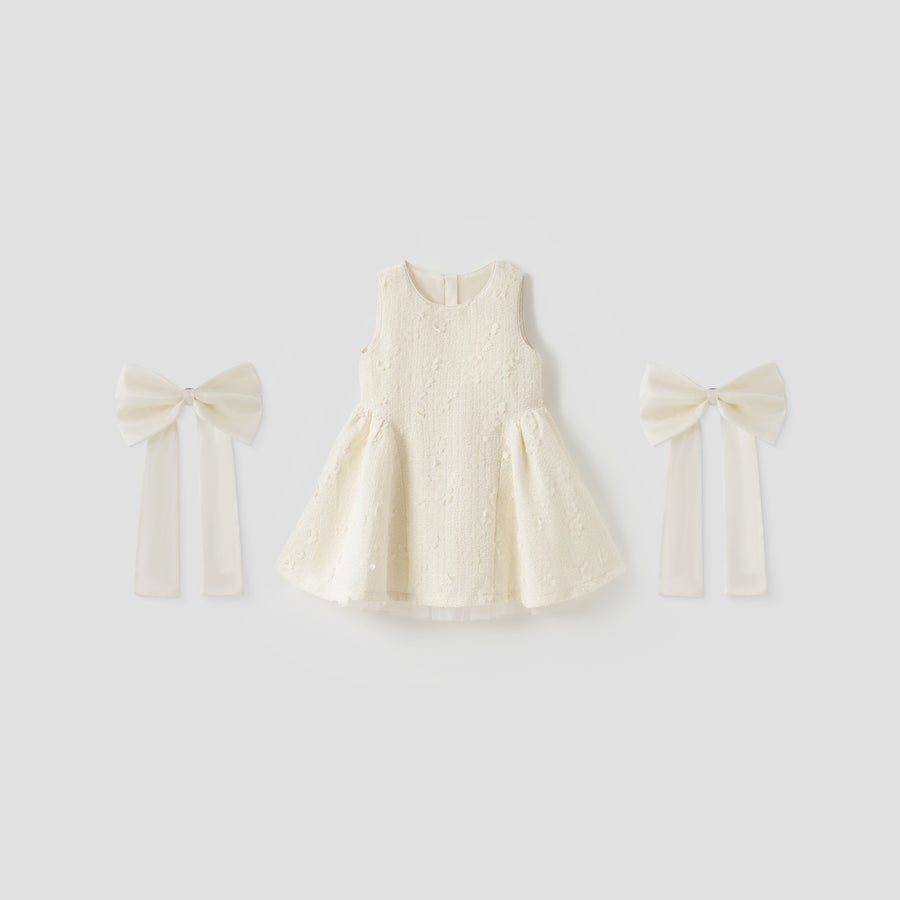 Ivory Petal Blossom Tweed Bow Dress