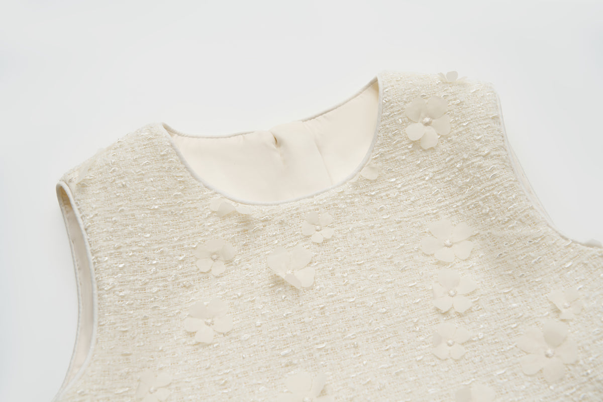 Ivory Petal Blossom Tweed Bow Dress