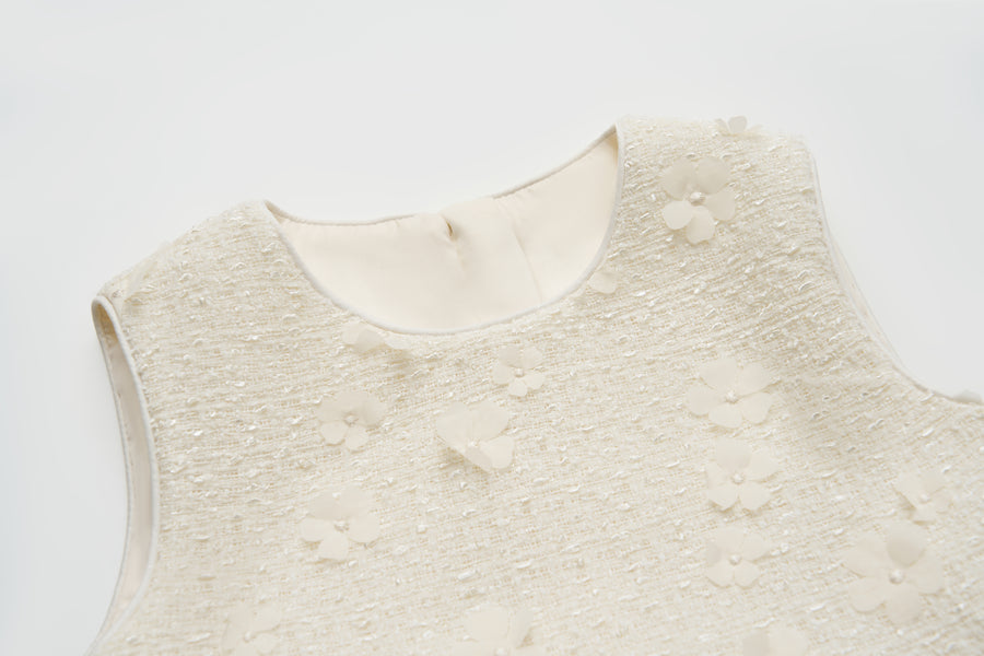 Ivory Petal Blossom Tweed Bow Dress