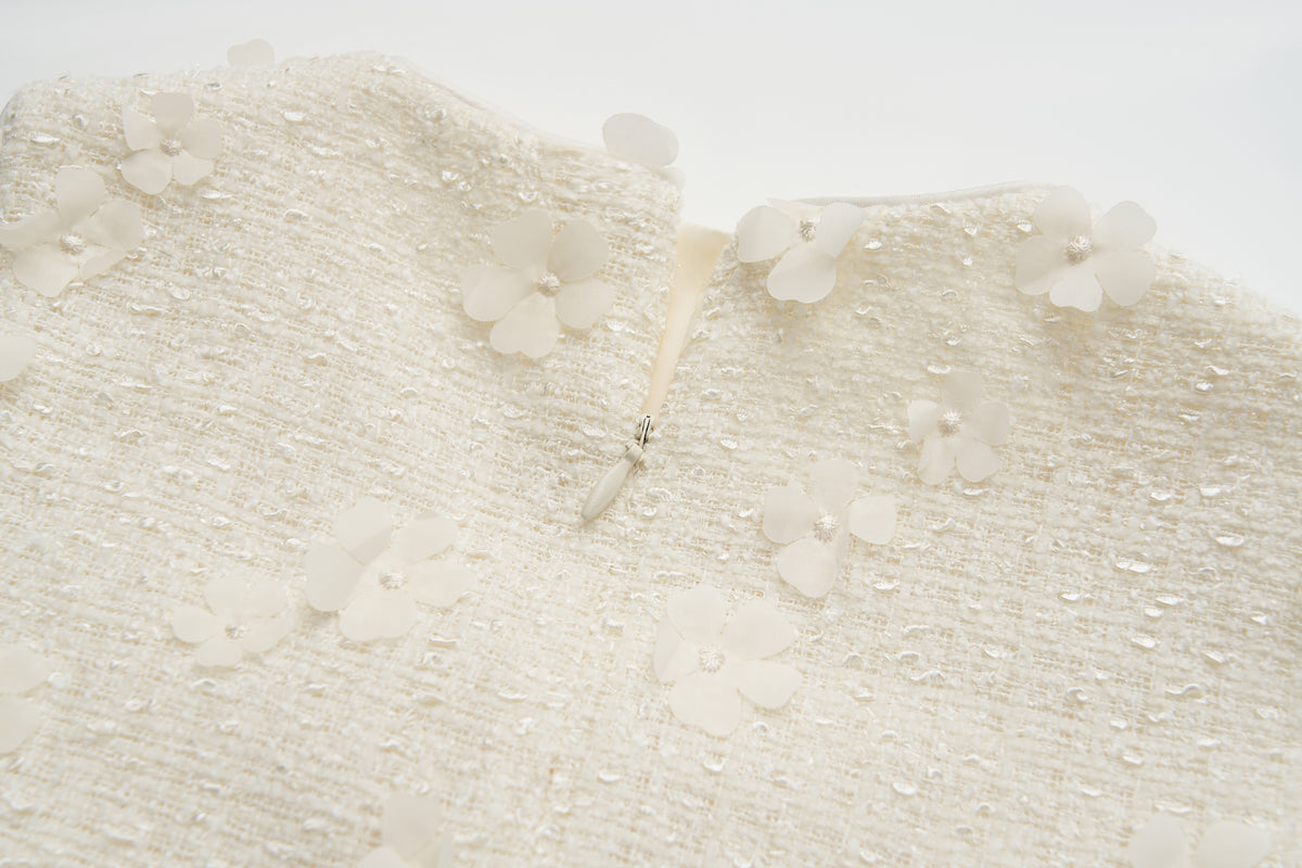 Ivory Petal Blossom Tweed Bow Dress