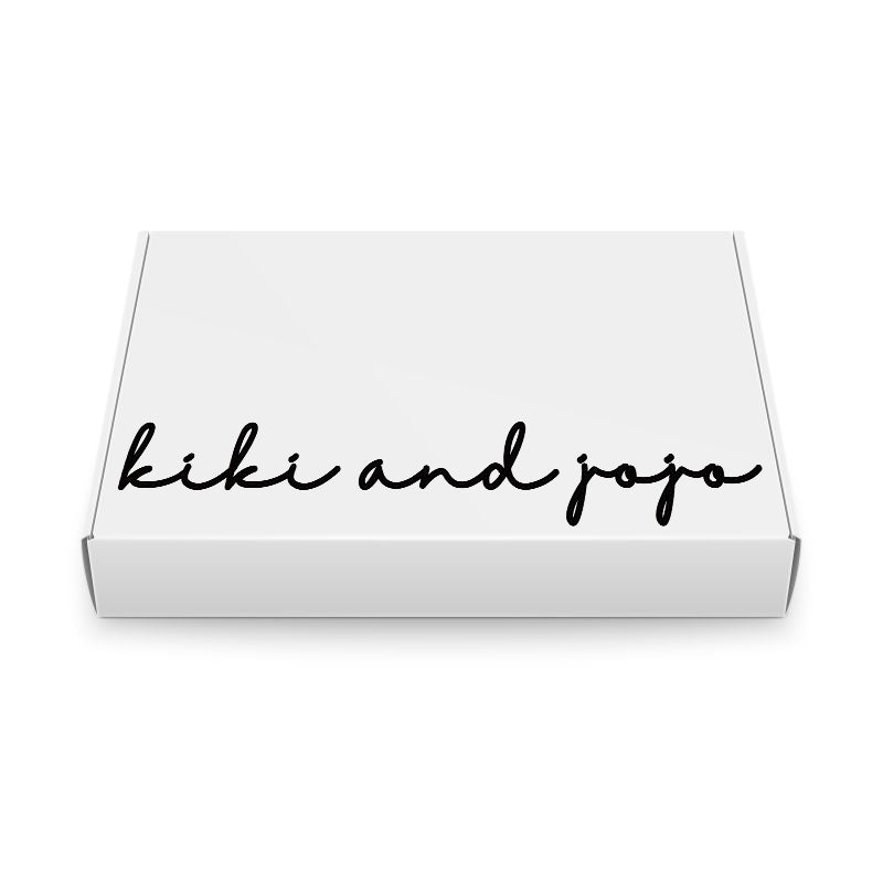 A white rectangular Gift Packaging box by KIKI and JOJO, featuring black cursive branding on the lid—an ideal choice for presenting special gifts.