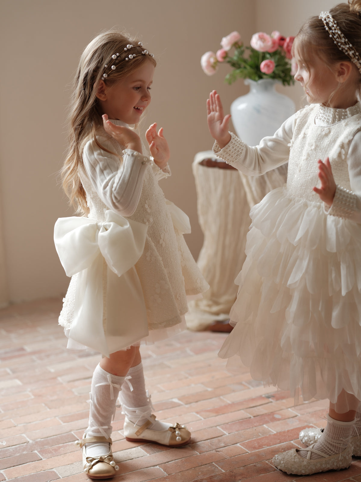 Ivory Petal Blossom Tweed Bow Dress