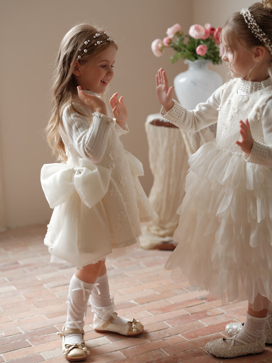 Ivory Petal Blossom Tweed Bow Dress