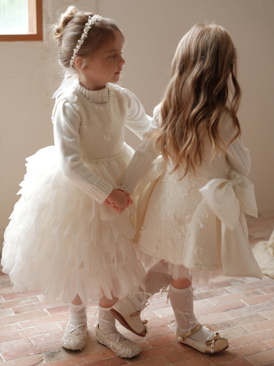 Ivory Petal Blossom Tweed Bow Dress
