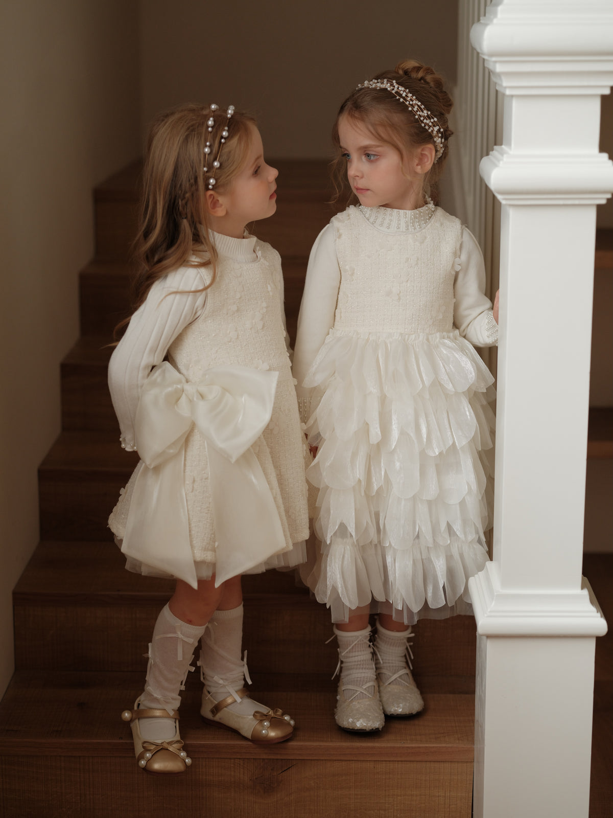Ivory Petal Blossom Tweed Bow Dress
