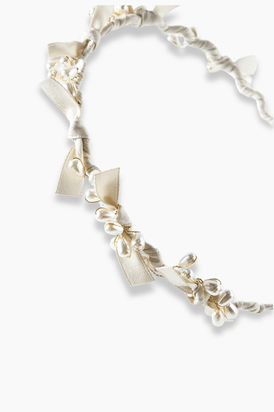 The KIKI and JOJO Girls Bow Hairband - Pearl features a cream fabric design adorned with elegant bow details and rows of pearl beads, perfect for adding charm to any girl's look.