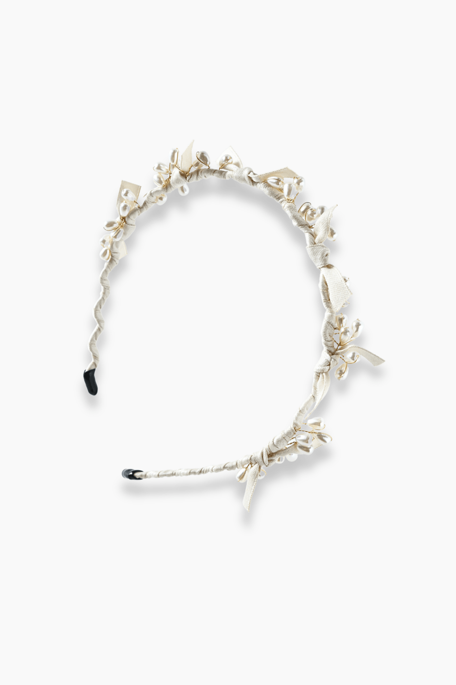 The KIKI and JOJO Girls Bow Headband - Pearl features a cream hue with fabric flowers, leaves, pearl beads, and delicate bows. Photographed on a plain white background.