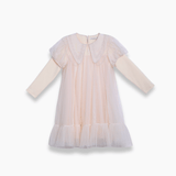 The KIKI and JOJO Girls Embroidered Satin Collar Sparkle Tulle Dress in Beige/Ivory features long sleeves, a pleated hem, and faux two-piece design with a satin collar, shown against a white background.