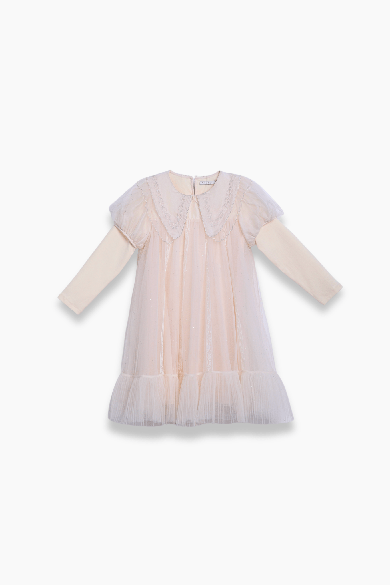 Girls Embroidered Satin Collar Sparkle Tulle Dress - Beige/Ivory