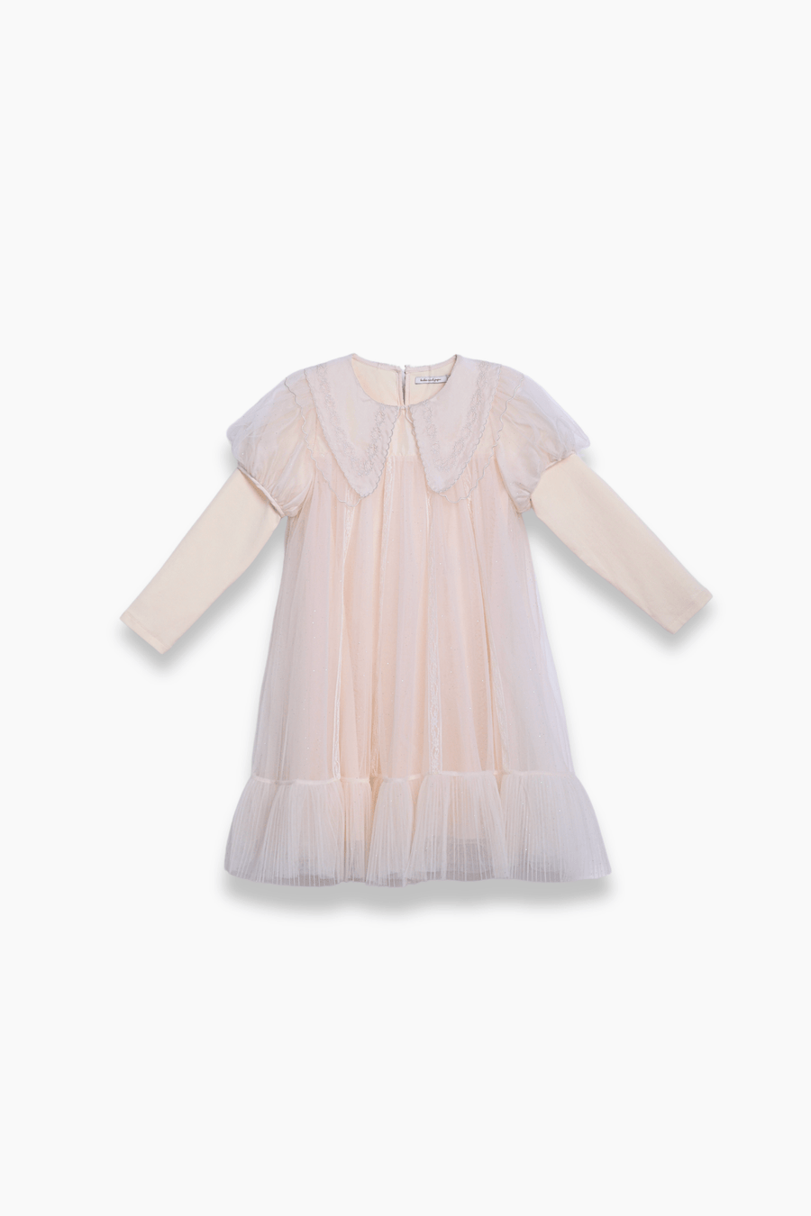 The KIKI and JOJO Girls Embroidered Satin Collar Sparkle Tulle Dress in Beige/Ivory features long sleeves, a pleated hem, and faux two-piece design with a satin collar, shown against a white background.