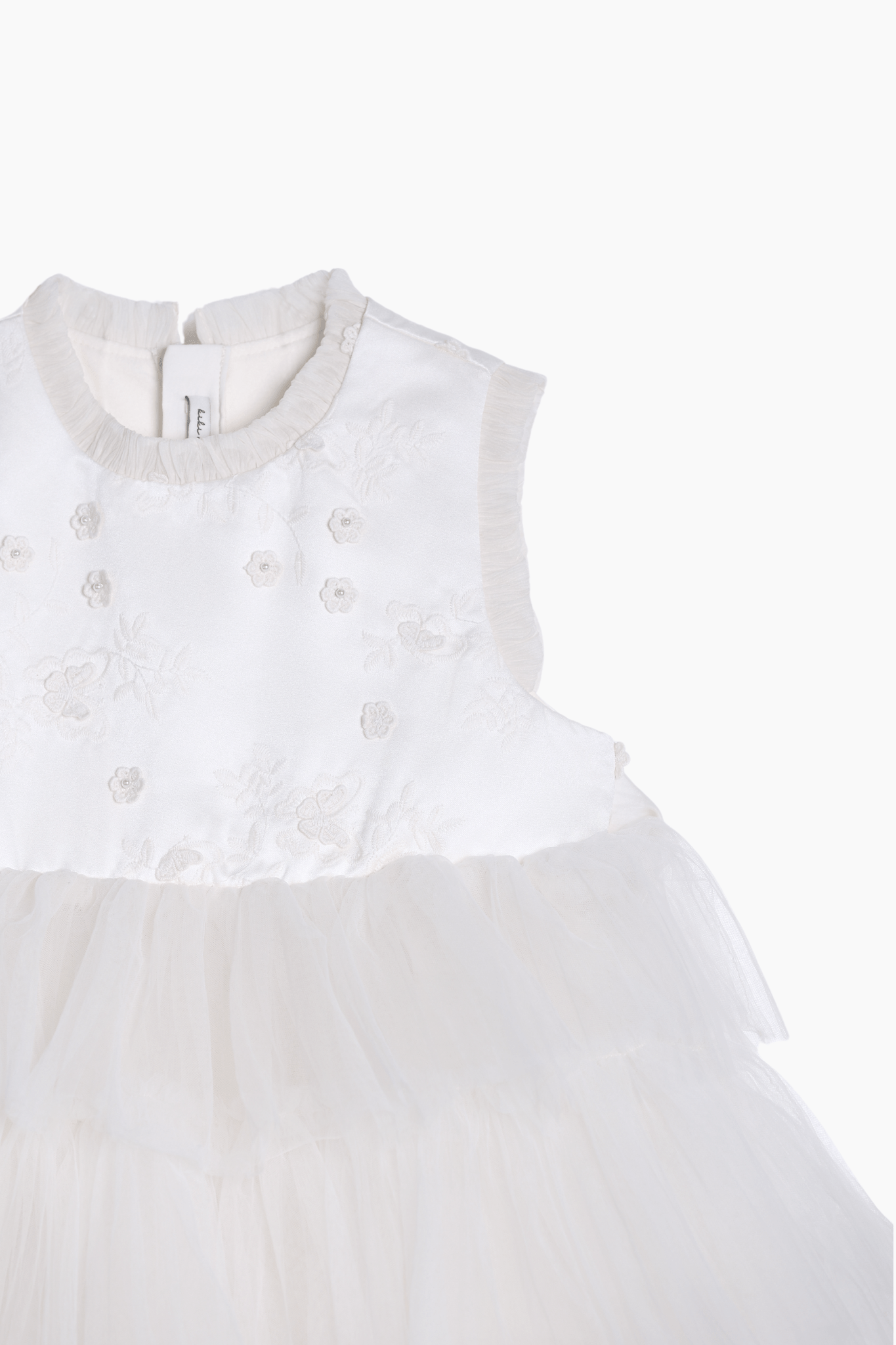 Girls Embroidered Satin & Tulle Dress - Ivory