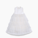 The KIKI and JOJO Girls Embroidered Satin & Tulle Dress in ivory features a sleeveless design with an embroidered bodice and layered tulle skirt, ideal for special occasions, shown flat against a plain background.