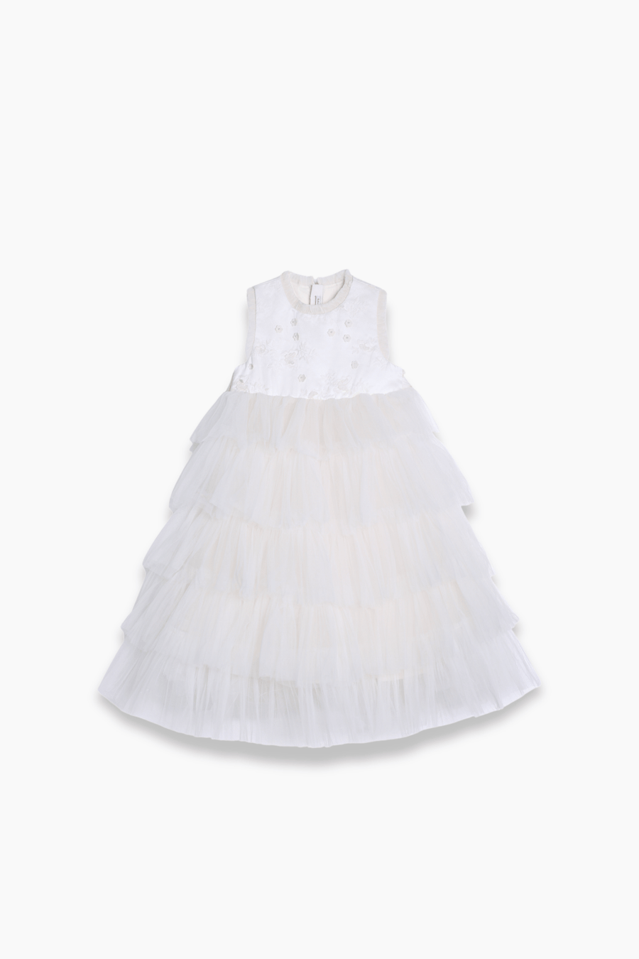 The KIKI and JOJO Girls Embroidered Satin & Tulle Dress in ivory features a sleeveless design with an embroidered bodice and layered tulle skirt, ideal for special occasions, shown flat against a plain background.
