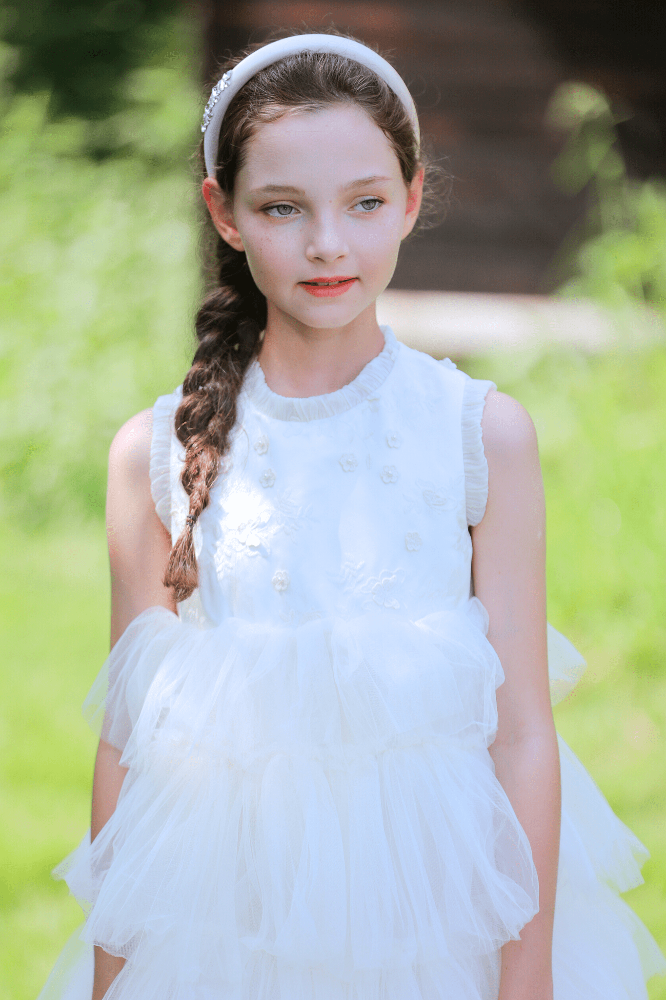 Girls Embroidered Satin & Tulle Dress - Ivory