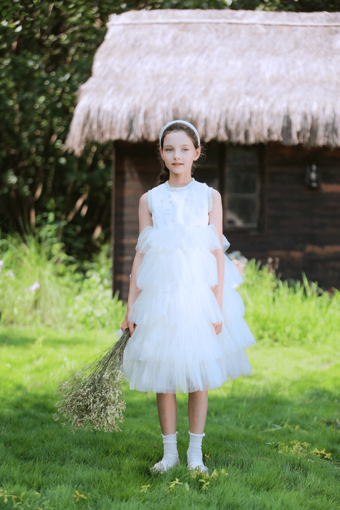 Girls Embroidered Satin & Tulle Dress - Ivory