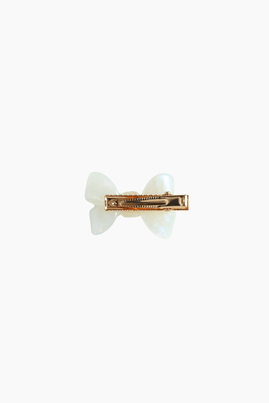 The KIKI and JOJO Girls Iridescent Sheer Double Bow Hair Clip in ivory features a pearlized white double bow design, exuding playful elegance, and is shown from the back against a plain white background.
