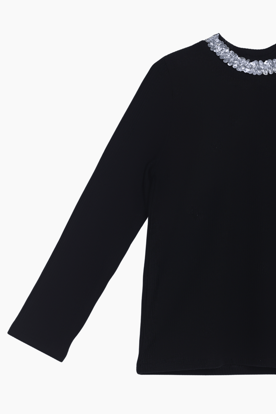 The KIKI and JOJO Girls Long-Sleeve Fitted T-Shirt with Sequin Collar in black features a stylish round neckline adorned with silver sequins—a must-have essential for any wardrobe.