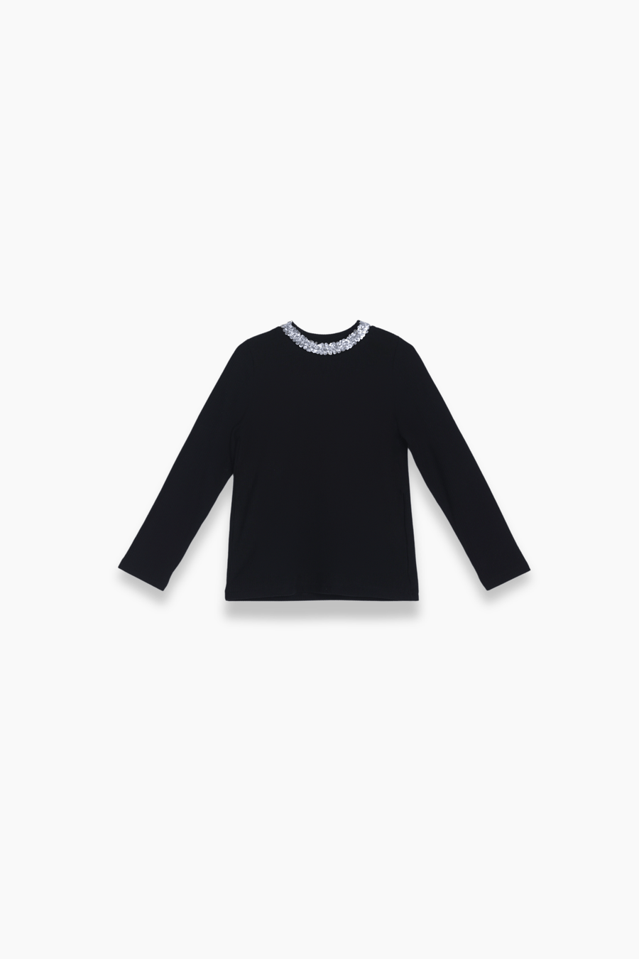 The KIKI and JOJO Girls Long-Sleeve Fitted T-Shirt with Sequin Collar in black is shown on a plain white background—a must-have wardrobe essential.