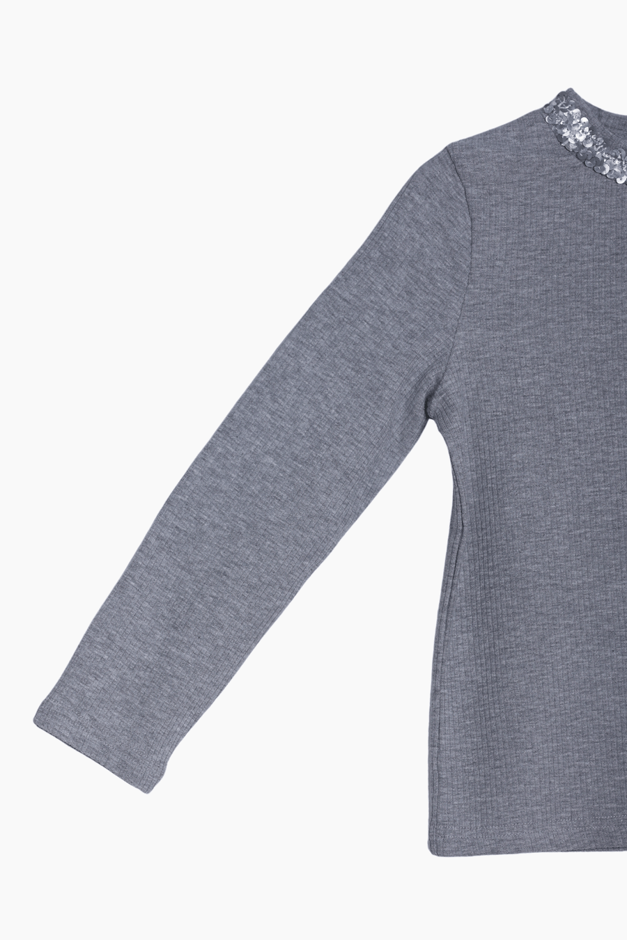 KIKI and JOJO Girls Long-Sleeve Fitted T-Shirt with Sequin Collar in gray, featuring sparkling sequin embroidery. Shown on a white background with the upper right side and sleeve visible—an elegant wardrobe essential.