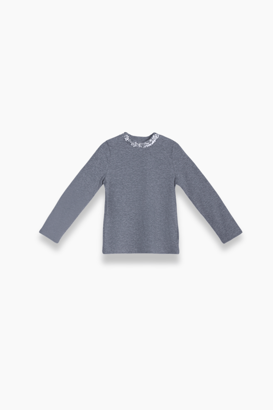 The KIKI and JOJO Girls Long-Sleeve Fitted T-Shirt in gray features a sequin collar, shown laid flat with the back facing up—a must-have wardrobe essential.