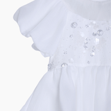 The upper half of the KIKI and JOJO Girls Pearl-Embroidered Satin Dress in Pure White features elegant ruffled, sheer layers and sequin accents, ideal as a flower girl or special occasion gown.