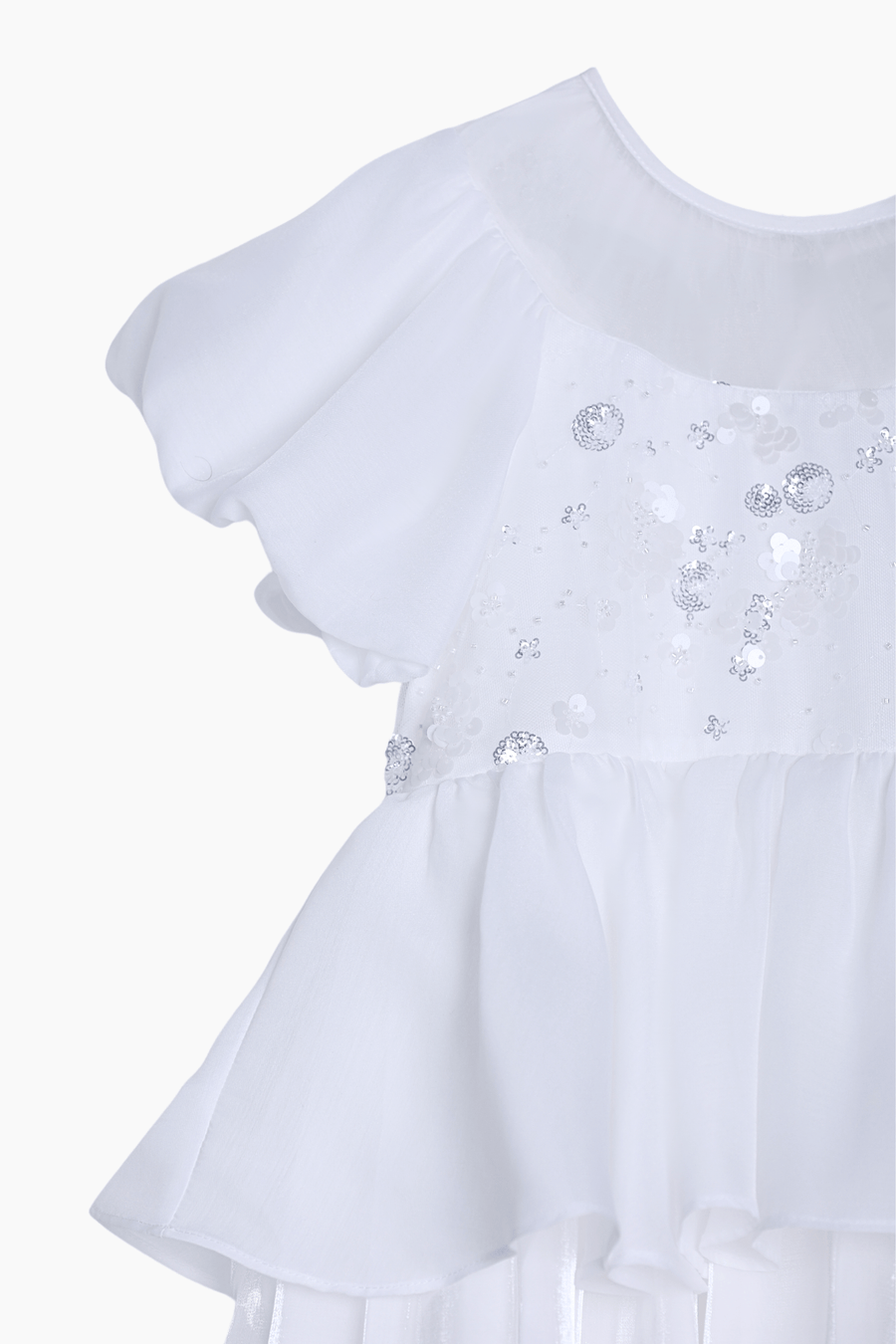 The upper half of the KIKI and JOJO Girls Pearl-Embroidered Satin Dress in Pure White features elegant ruffled, sheer layers and sequin accents, ideal as a flower girl or special occasion gown.