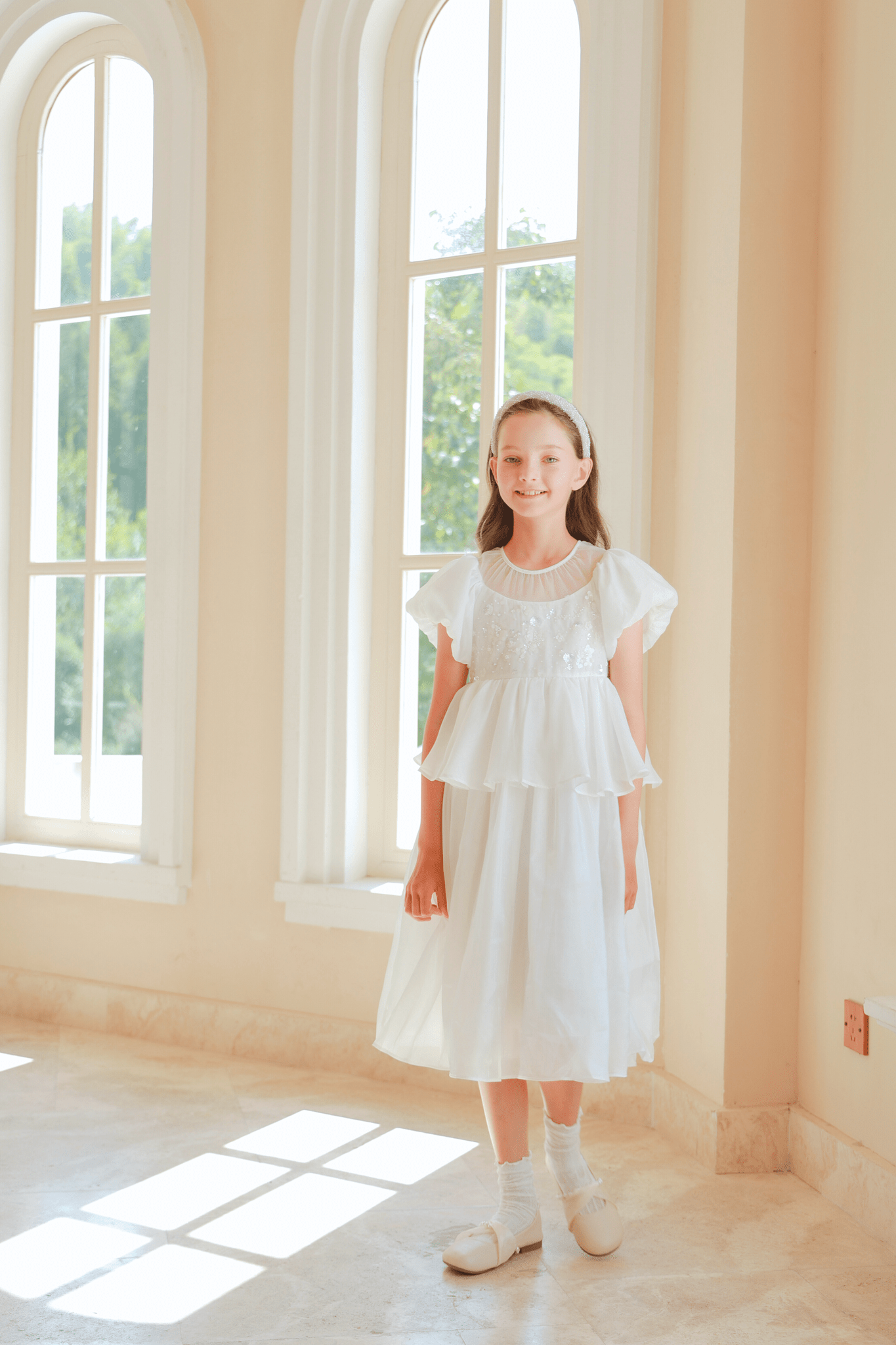 Girls Pearl-Embroidered Satin Dress - Pure White