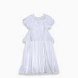 The KIKI and JOJO Girls Pearl-Embroidered Satin Dress in Pure White features floral embroidery on the bodice, a peplum waist, and a pleated satin skirt—an elegant gown for girls.