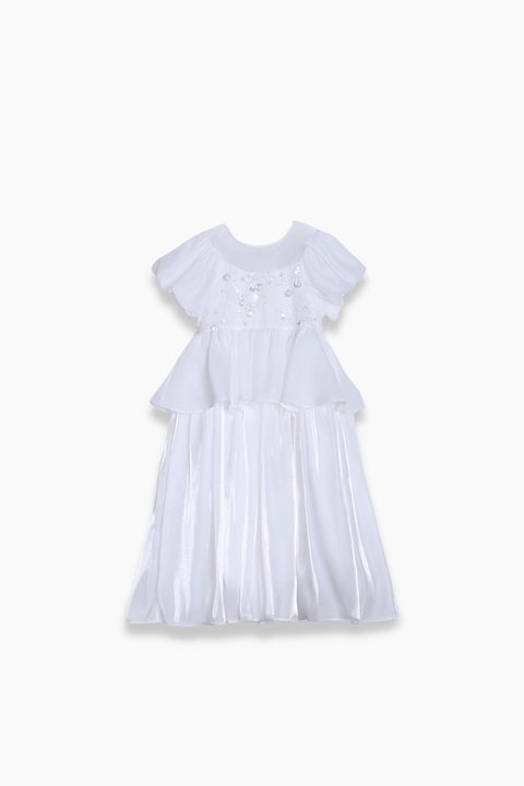 The KIKI and JOJO Girls Pearl-Embroidered Satin Dress in Pure White features floral embroidery on the bodice, a peplum waist, and a pleated satin skirt—an elegant gown for girls.