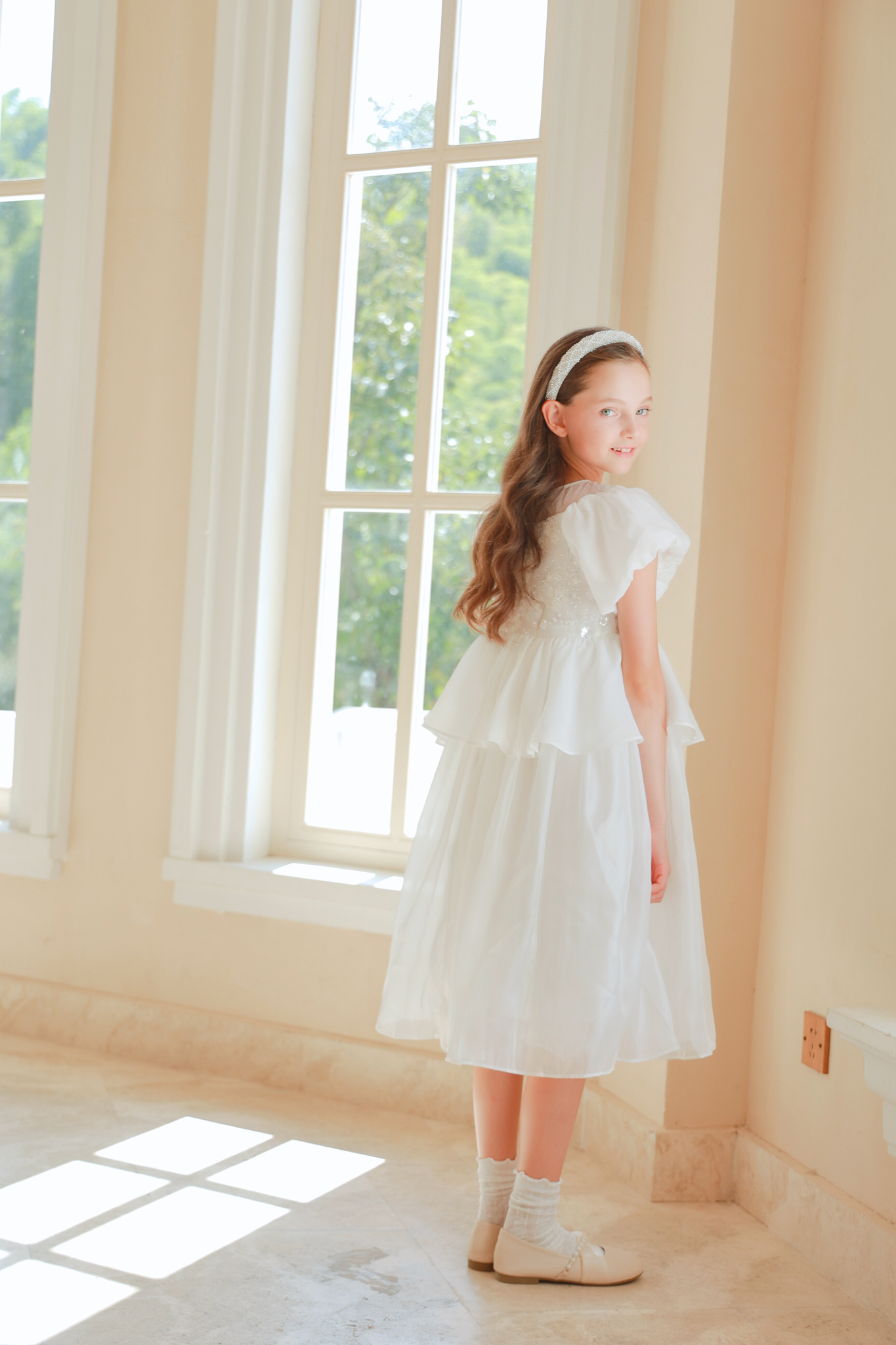 Girls Pearl-Embroidered Satin Dress - Pure White