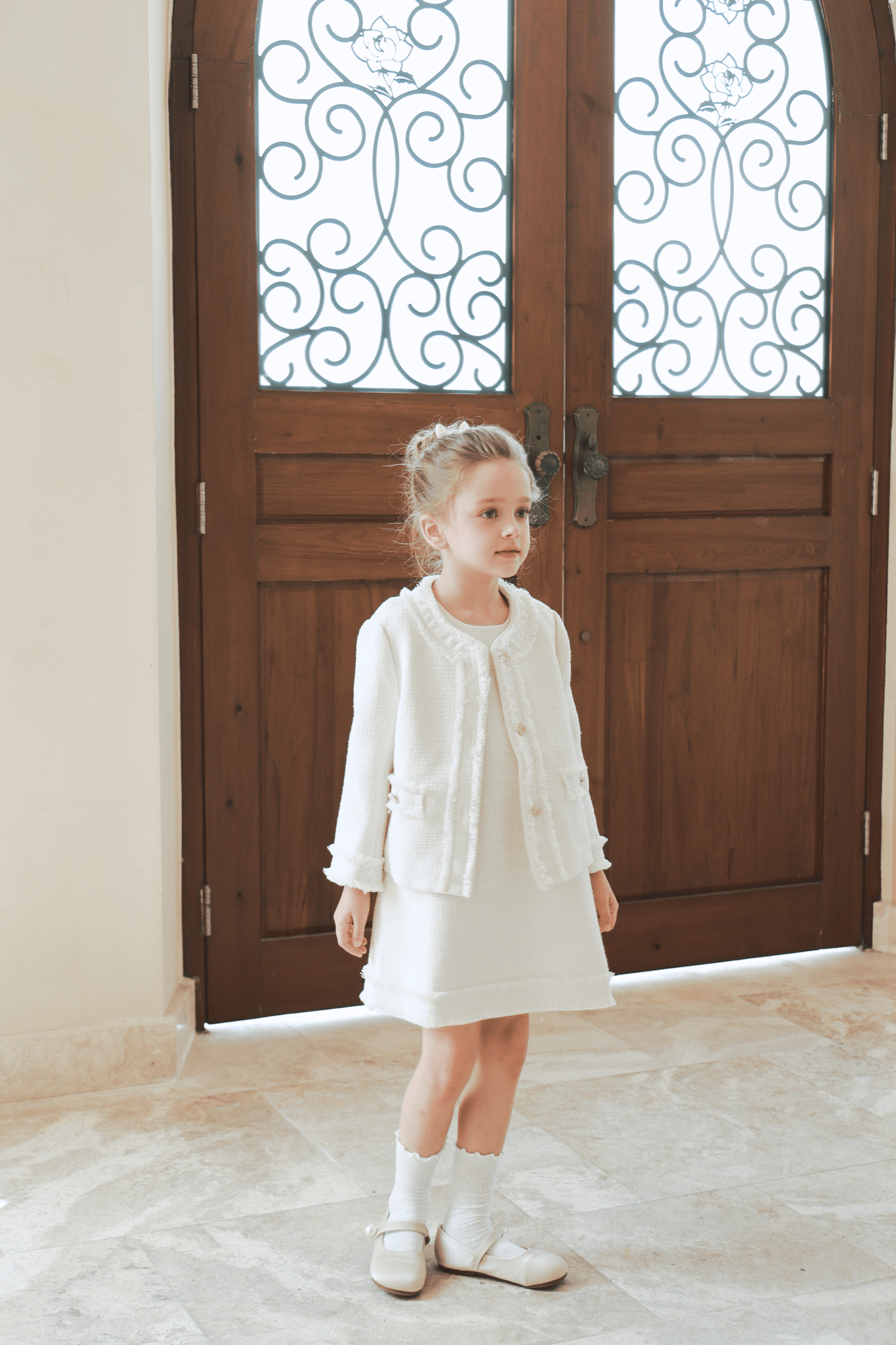 Girls Pearlescent Elegance Tweed Dress - Soft Champagne