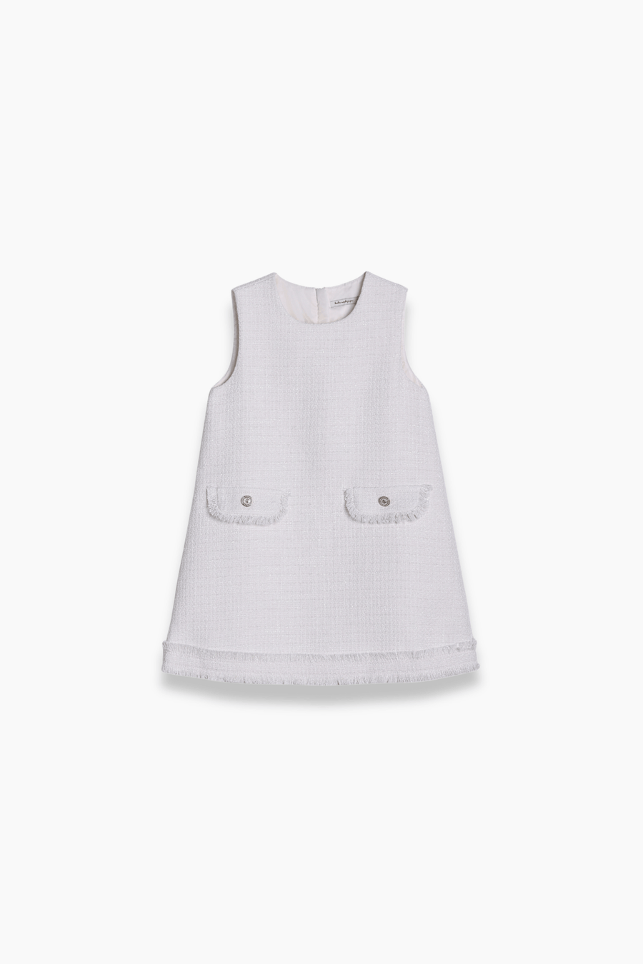 KIKI and JOJO's Girls Pearlescent Elegance Tweed Dress in Soft Champagne features a sleeveless design, textured tweed with gold threads, two front pockets, and fringe hem—ideal for elegant outings. Shown on white background.