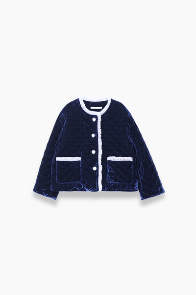 Girls Quilted Ruffle Jacket - Sapphire Blue
