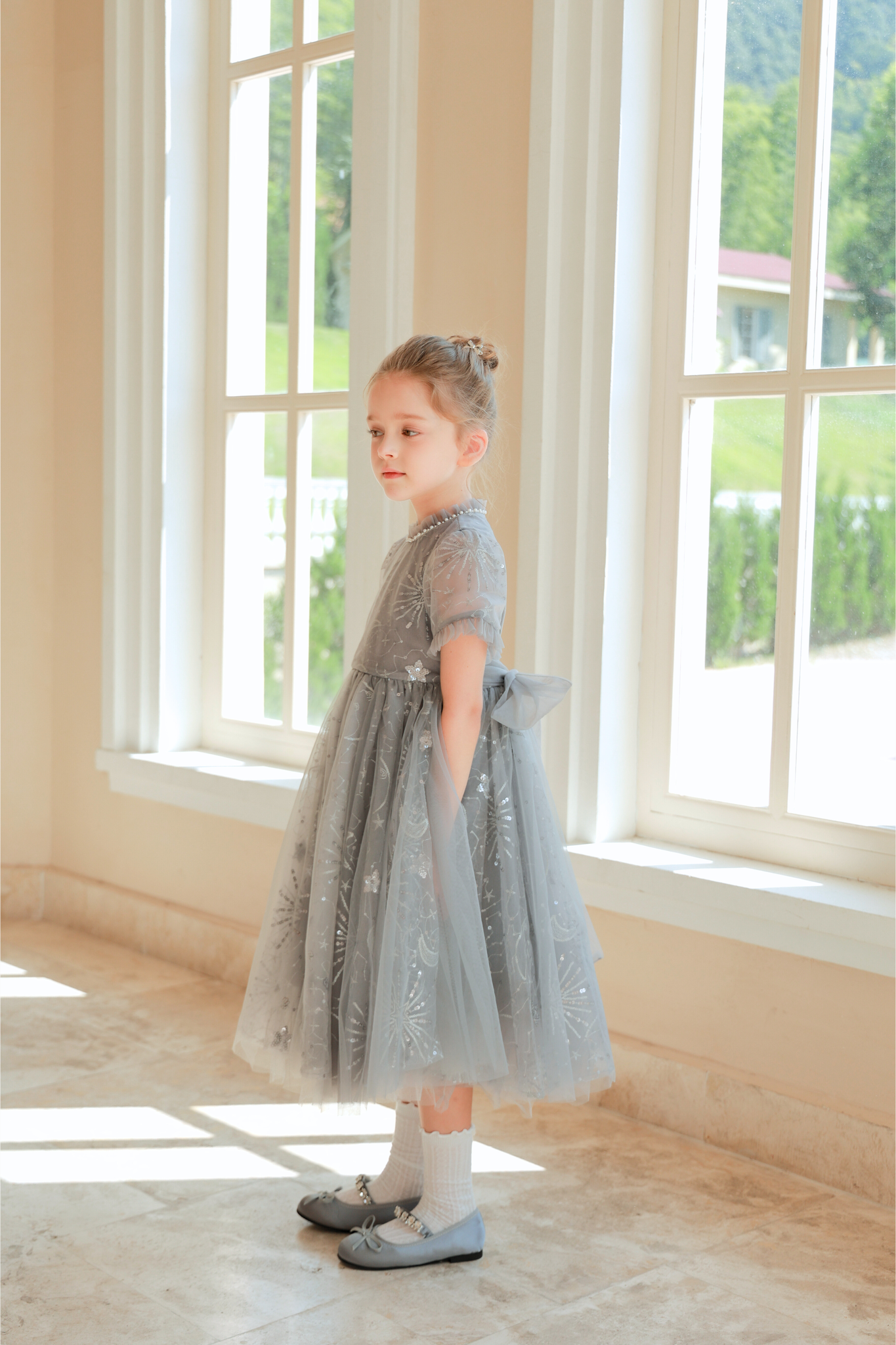 Girls Sequin Embroidered Tulle Dress - Starlight Silver