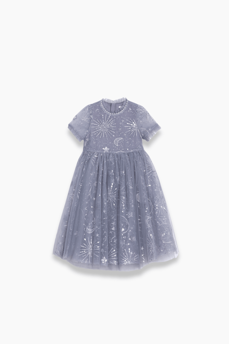 The KIKI and JOJO Girls Sequin Embroidered Tulle Dress - Starlight Silver is a short-sleeve, knee-length dress with a tulle overlay featuring hand-embroidered white star, moon, and sun patterns.