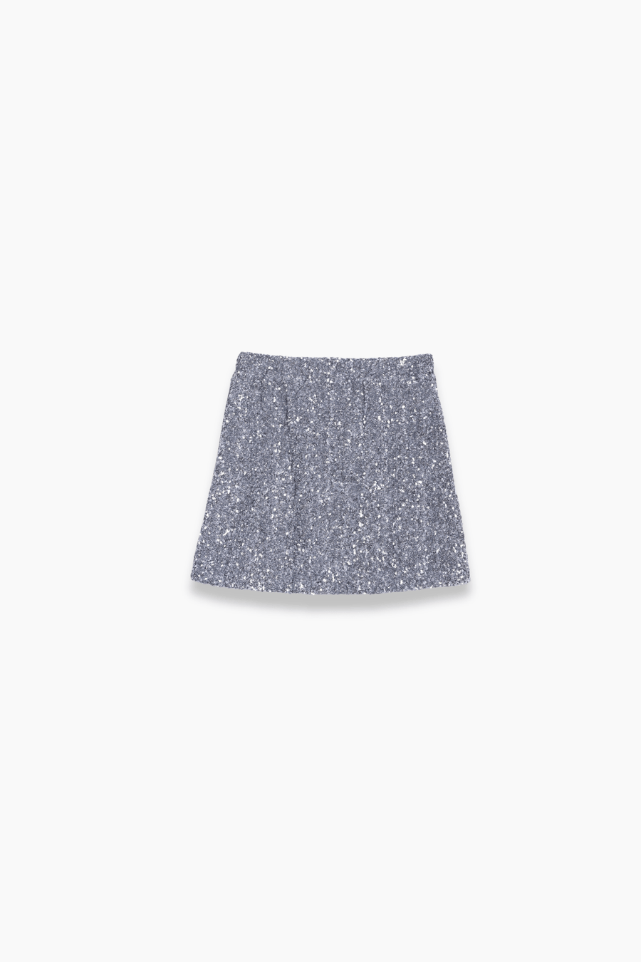 The Girls Sequin Skirt - Silver by KIKI and JOJO features a sparkling mini design, shown against a plain white background with shimmering sequins that catch the light beautifully.