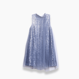 The KIKI and JOJO Girls Sequin Tulle Dress in Starlight Blue features sequin embroidery, a sheer tulle overlay, and a velvet bow, displayed on a plain white background.