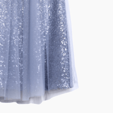 A close-up of the KIKI and JOJO Girls Sequin Tulle Dress in Starlight Blue, featuring sparkling sequin embroidery and a sheer tulle overlay.