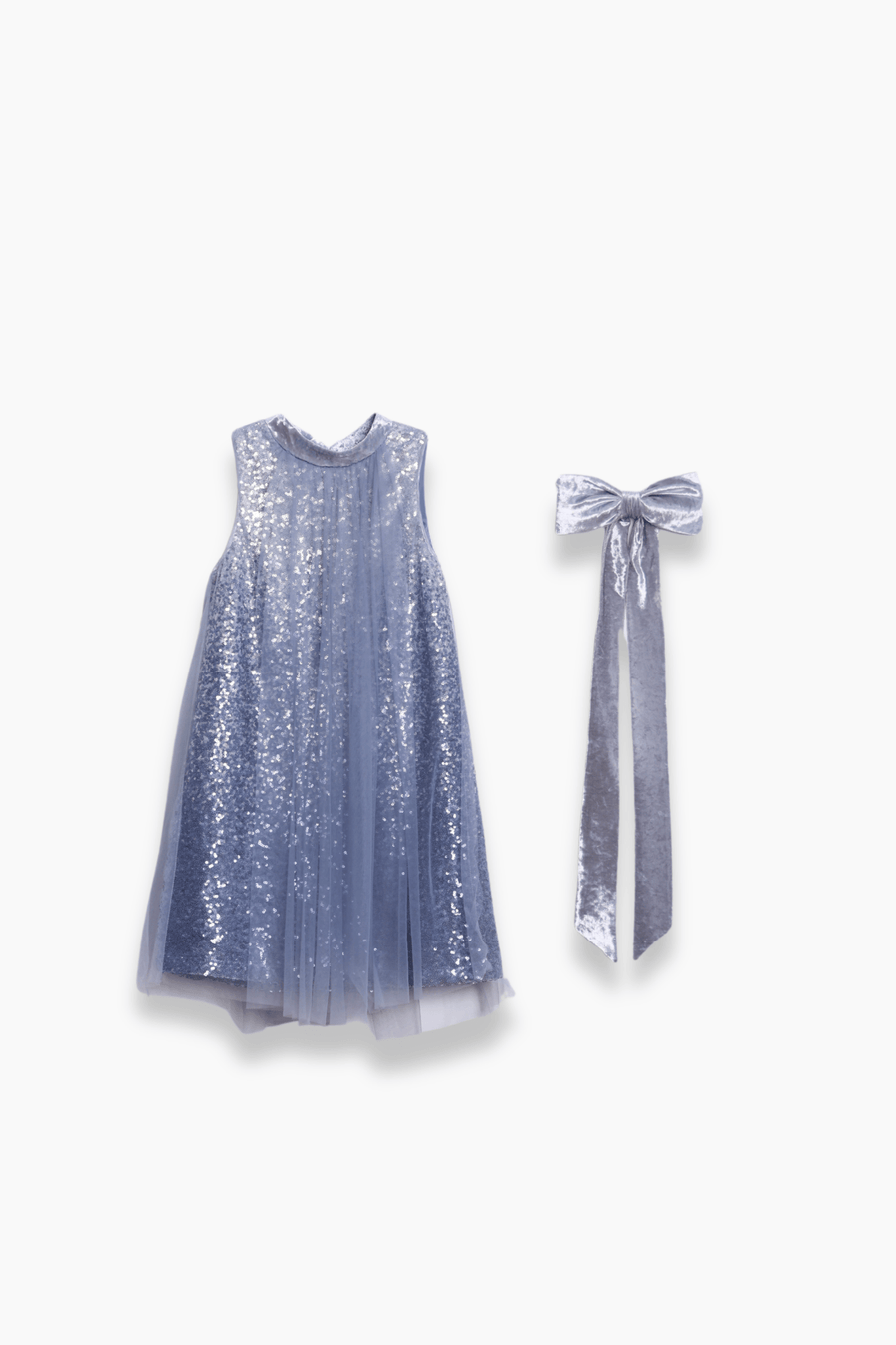 The KIKI and JOJO Girls Sequin Tulle Dress in Starlight Blue features sleeveless sequin embroidery with a tulle overlay, shown next to a coordinating silver velvet bow.