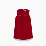 The KIKI and JOJO Girls Tweed Dress in cranberry red features a straight cut, sleeveless design, subtle textured fabric, and four welt pockets—ideal for festive occasions. Shown on a plain white background.